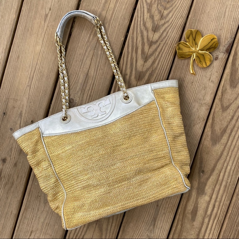 Tory Burch Fleming Metallic Woven Tote Braided Silver Gold Handbag Purse